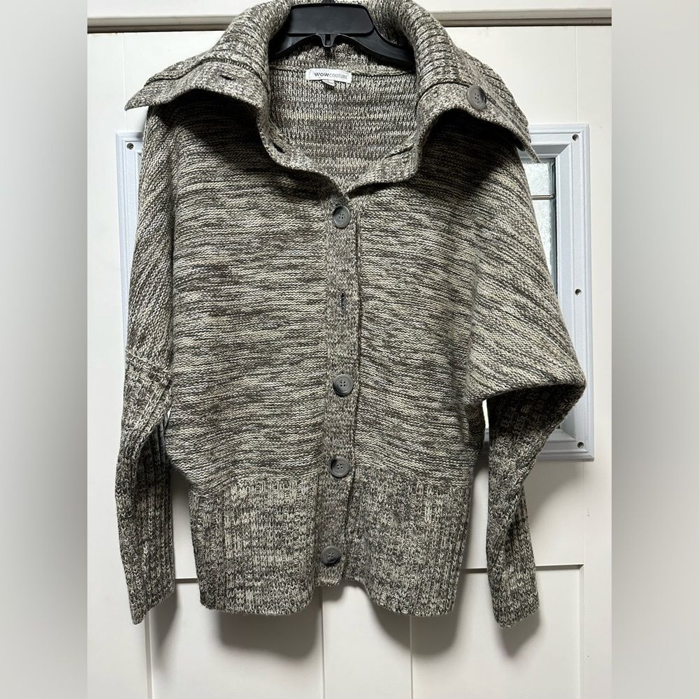 Wow Couture Sweater. Grey Batwing Button Up Cardigan Shawl Collar